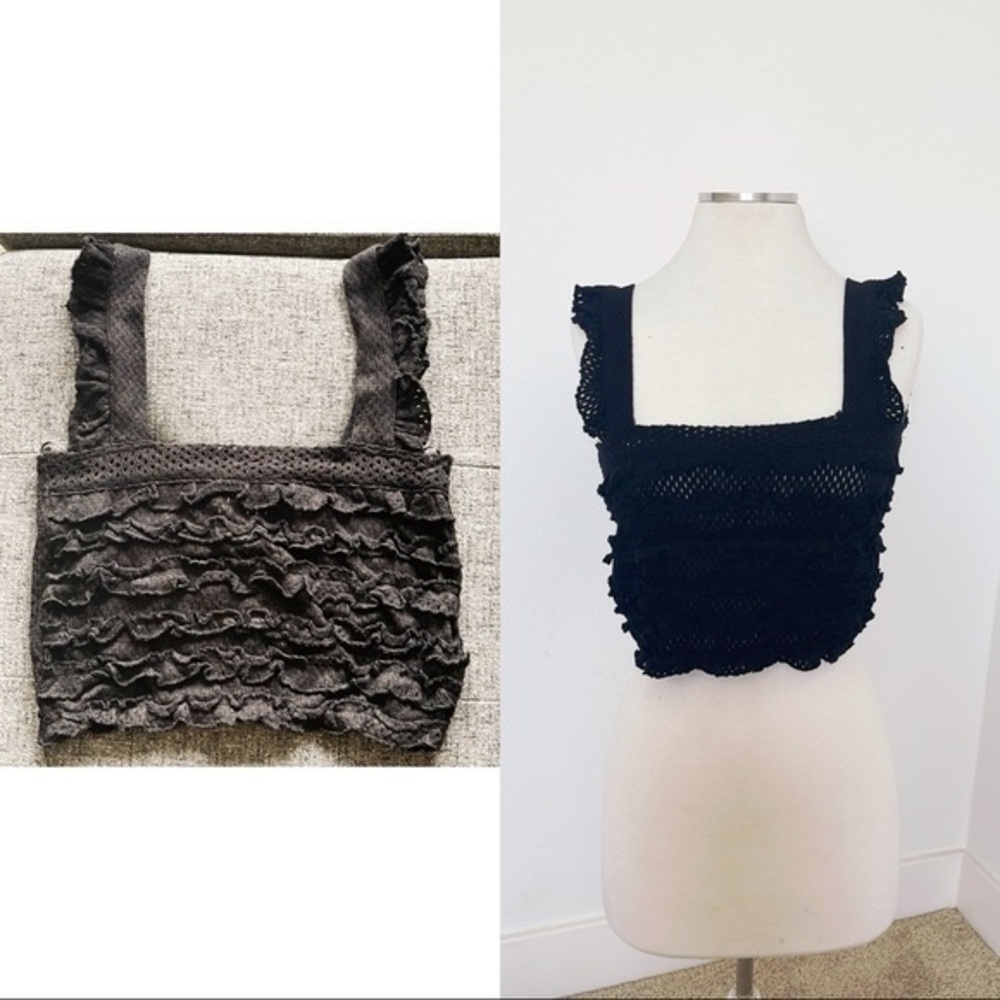 Zara Black‎ Cropped Crochet Ruffle Top